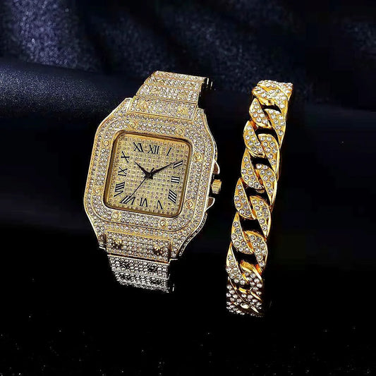 Men's Rhinestone Square Big Dial Hip Hop Watch + Rhinestone Chain Zinc Alloy Bracelet Set