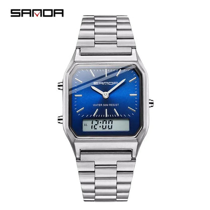 SANDA Luxury Mens G Style Watches Stainless Steel Women LED Digital Dual Display Clock Unisex Waterproof Sports Quartz Watch