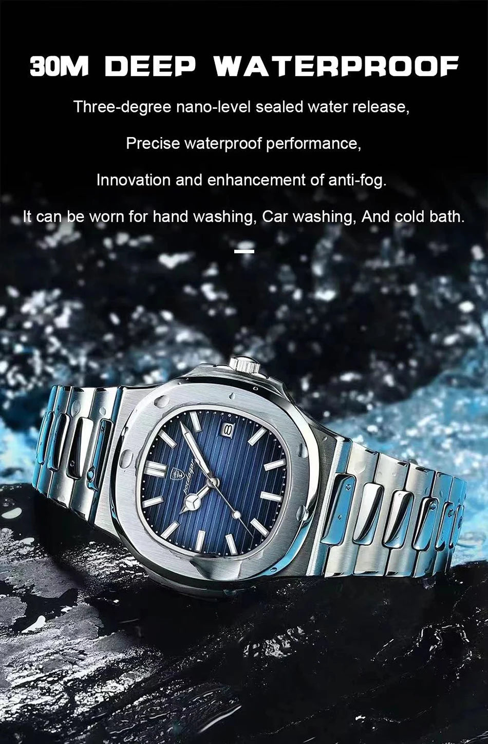 POEDAGAR Luxury Watch Business Waterproof Male Clock Luminous Date Stainless Steel Square Quartz Men Watch reloj hombre 2024 New