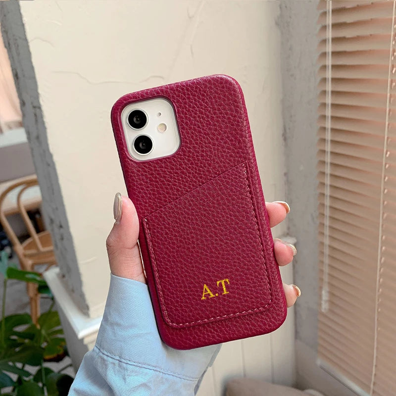 Personalized Phone Case with Card Holder Custom Initials Protective Cover iPhone16Promax 15 14 13 12 11Pro Max XS XR 16 15Plus