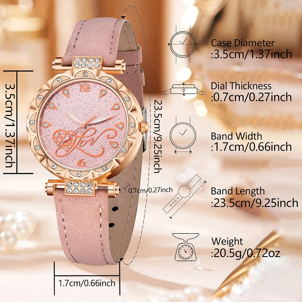 4pcs Couple Watch Set With Black And Pink Leather Straps For Men And Women, Paired With A Heart-Shaped Alloy Chain Bracelet