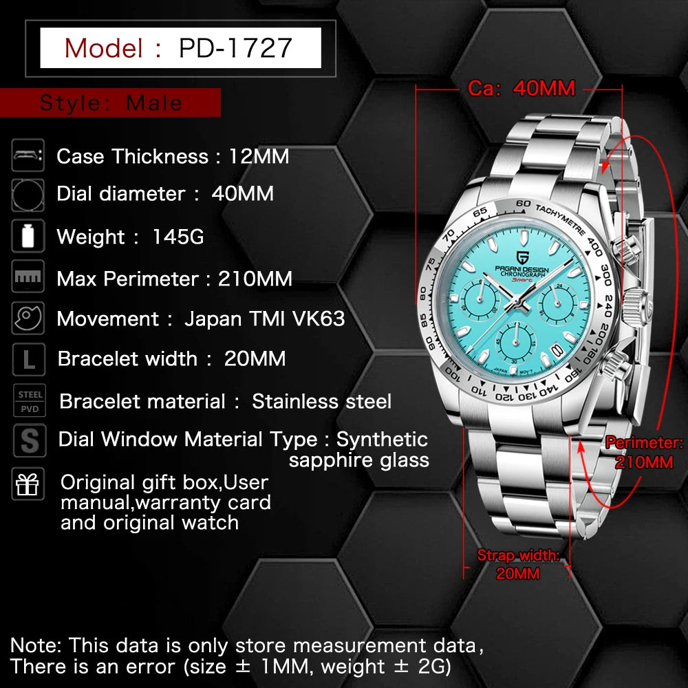 PAGANI DESIGN New Stainless Steel Bezel Men Quartz Wristwatches Luxury Sapphire Glass Chronograph VK63 Watch Men Reloj Hombre