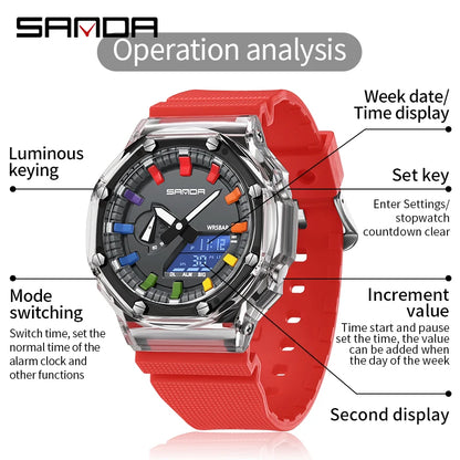 SANDA G Style Men Quartz Watch Countdown Stopwatch LED Electronic Outdoor Military Alarm Waterproof Shock Digital Wristwatch