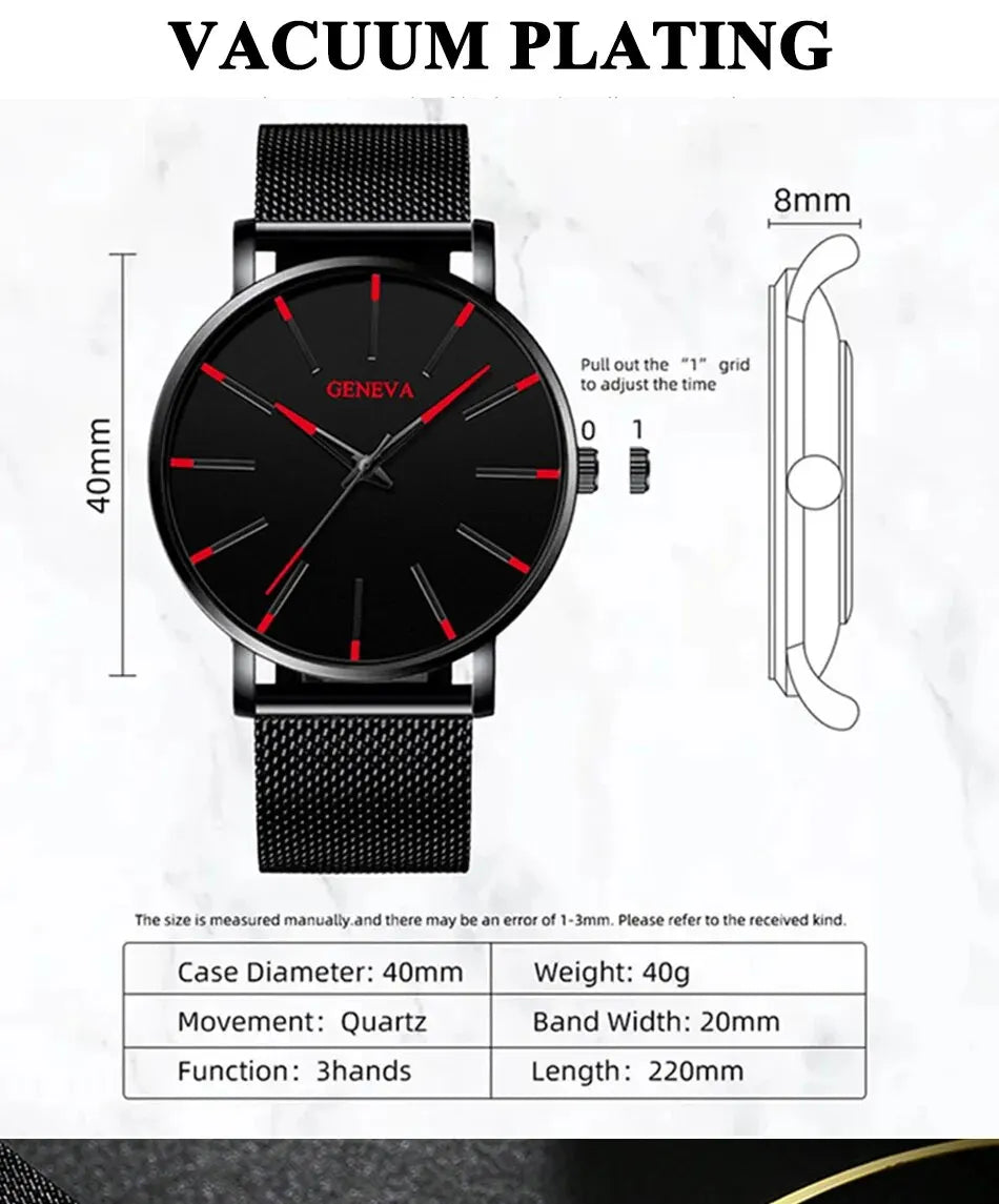 5pcs Luxury Black Stainless Steel Mesh Belt Quartz Watch With Bracelet For Men Casual Fashion Round Watch In Daily Sport Watches