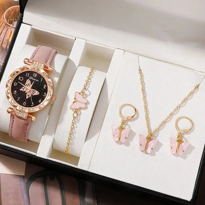 Women Luxury Watch Ring Necklace Earrings Rhinestone Butterfly Fashion Wristwatch Female Casual Ladies Watches Set Clock