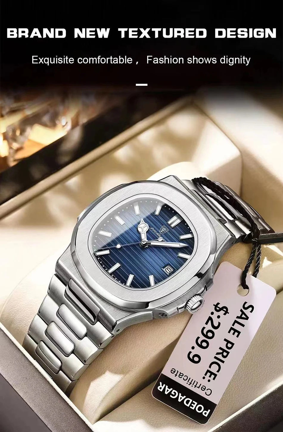 POEDAGAR Luxury Watch Business Waterproof Male Clock Luminous Date Stainless Steel Square Quartz Men Watch reloj hombre 2024 New