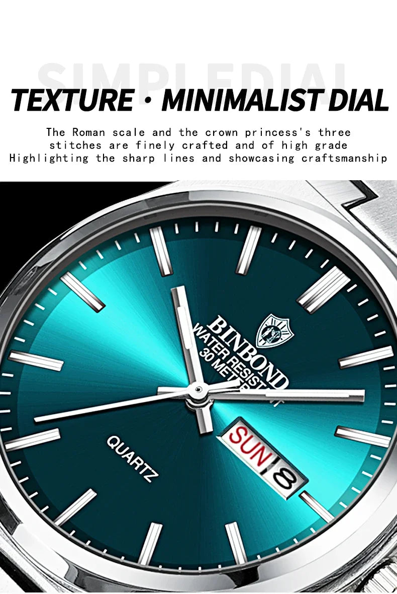 BINBOND Men's Watches Fine Steel Sport Fashion Original Quartz Watch for Man Waterproof Luminous Date Weel Gentleman Trend Relo