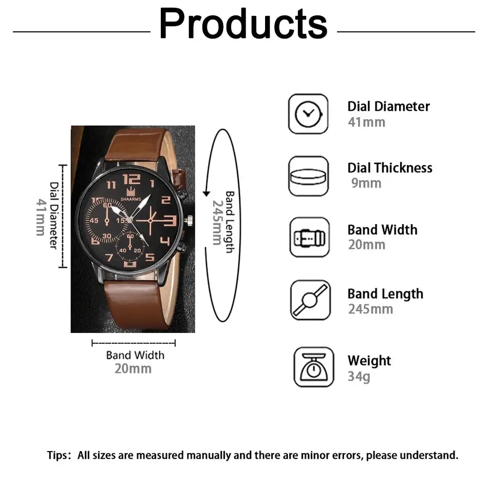 5PCS Set Fashion Mens Sports Bracelet Watches For Men Retro Big Dial Quartz Wrist Watch Classic Male Casual Brown Leather Watch