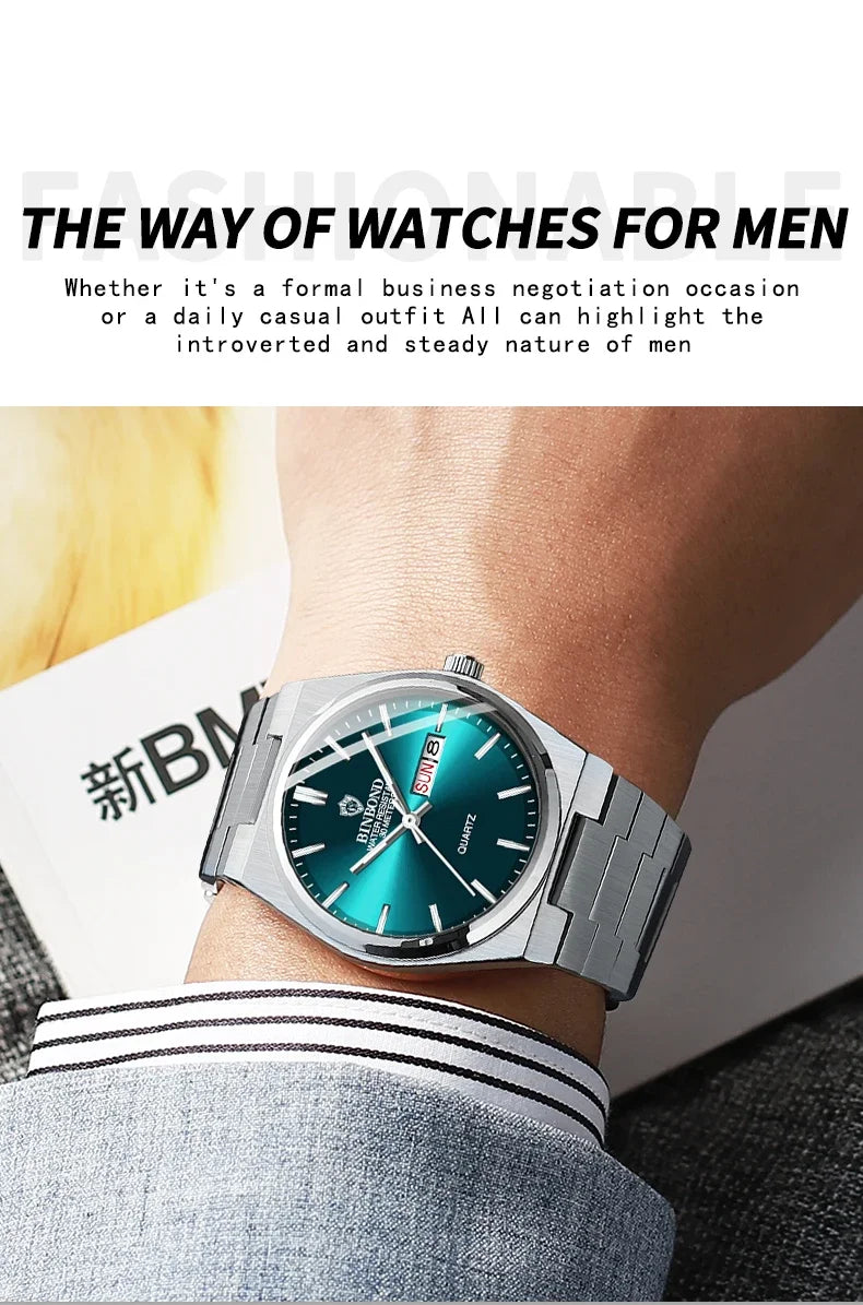 BINBOND Men's Watches Fine Steel Sport Fashion Original Quartz Watch for Man Waterproof Luminous Date Weel Gentleman Trend Relo