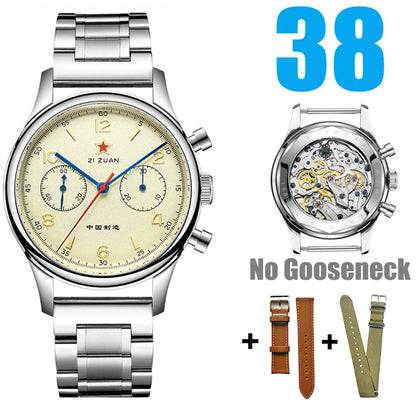 RED STAR 38mm Men's 1963 Chronograph Mechanical Watch Pilot with Seagull Movement ST1901 Air Force Aviation Sapphire Goose 40mm