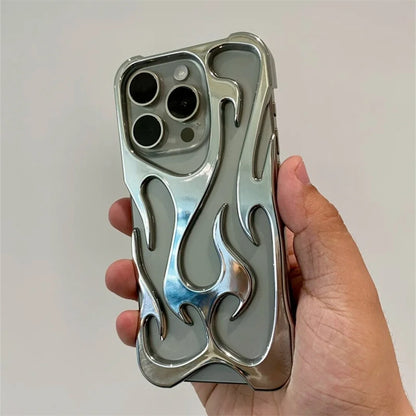 Fashion Hollowed Fire Flame Phone Case For iphone 16 15 14 13 12 11 Pro Max Plus Cool Boy Girl Silver Electroplated Soft Cover