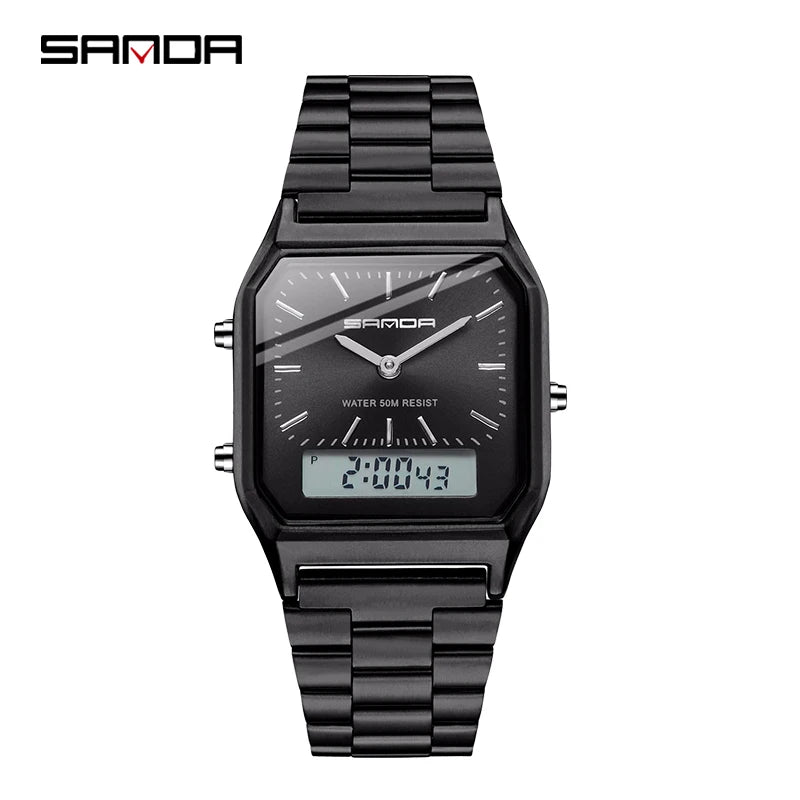 SANDA Luxury Mens G style Watches Stainless Steel Women LED Digital Dual Display Clock Unisex Waterproof Sports Quartz Watch 747