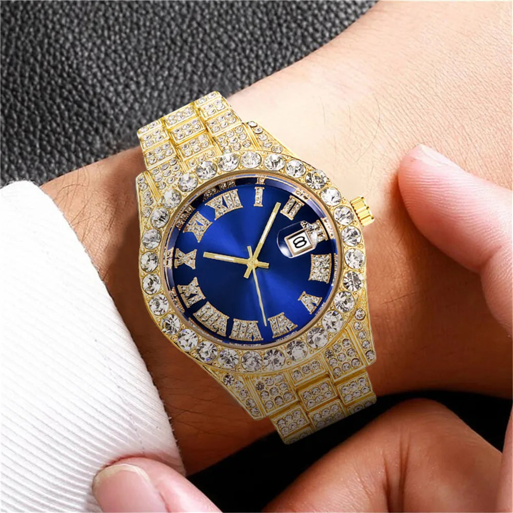 Luxury Men Watch Classic Golden Men Steel Strap Roman Rhinestone Calendar Quartz Watch Fashion Male Wristwatch Relogio Masculino