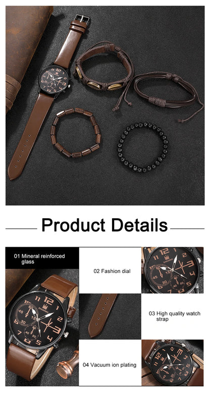 5PCS Set Fashion Mens Sports Bracelet Watches For Men Retro Big Dial Quartz Wrist Watch Classic Male Casual Brown Leather Watch