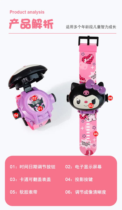 Kawaii 3D Projection Digital Watch Kawaii Hello Kitty Kuromi Cinnamoroll Anime Action Figure Toy Watch Flip Popular Kids  Toys