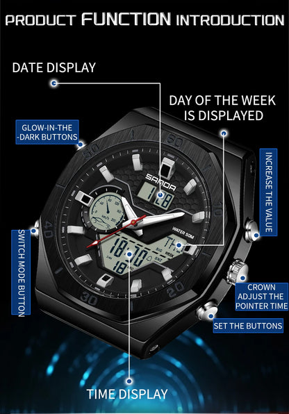 SANDA G Style Digital Men Watches Dual Display Three Time Waterproof Shock Sports Watch Military Countdown Male LED Quartz Clock