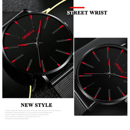 5pcs Luxury Black Stainless Steel Mesh Belt Quartz Watch With Bracelet For Men Casual Fashion Round Watch In Daily Sport Watches