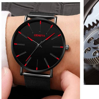 5pcs Luxury Black Stainless Steel Mesh Belt Quartz Watch With Bracelet For Men Casual Fashion Round Watch In Daily Sport Watches