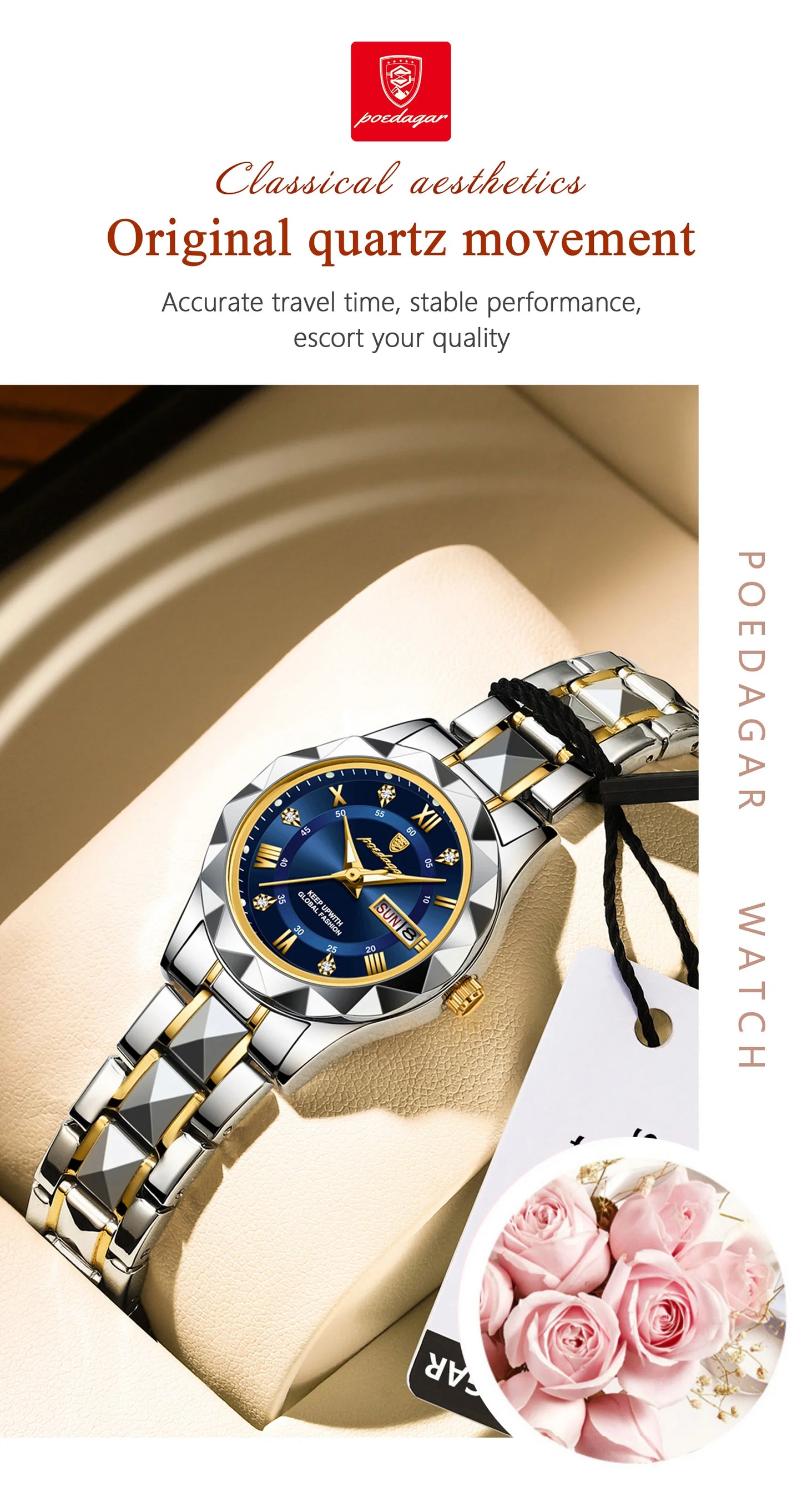 POEDAGAR Luxury Elegant Women Watch Luminous Waterproof Week Date Woman Wristwatch Stainless Steel Quartz Fashion Ladies Watches