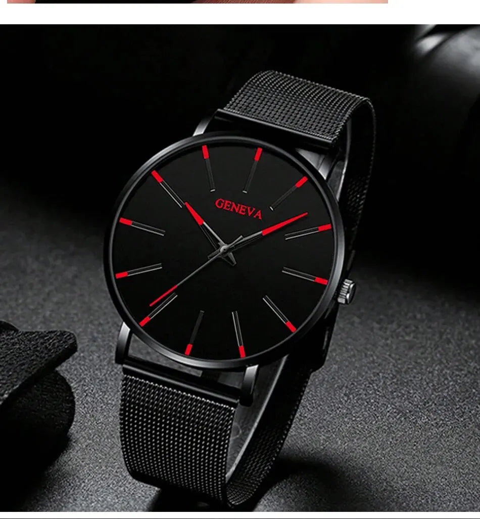 5pcs Luxury Black Stainless Steel Mesh Belt Quartz Watch With Bracelet For Men Casual Fashion Round Watch In Daily Sport Watches