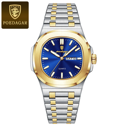 POEDAGAR Luxury Military Man Watch Square Waterproof Luminous Date Week Men Watch Stainless Steel Quartz Men's Watches Reloj+box