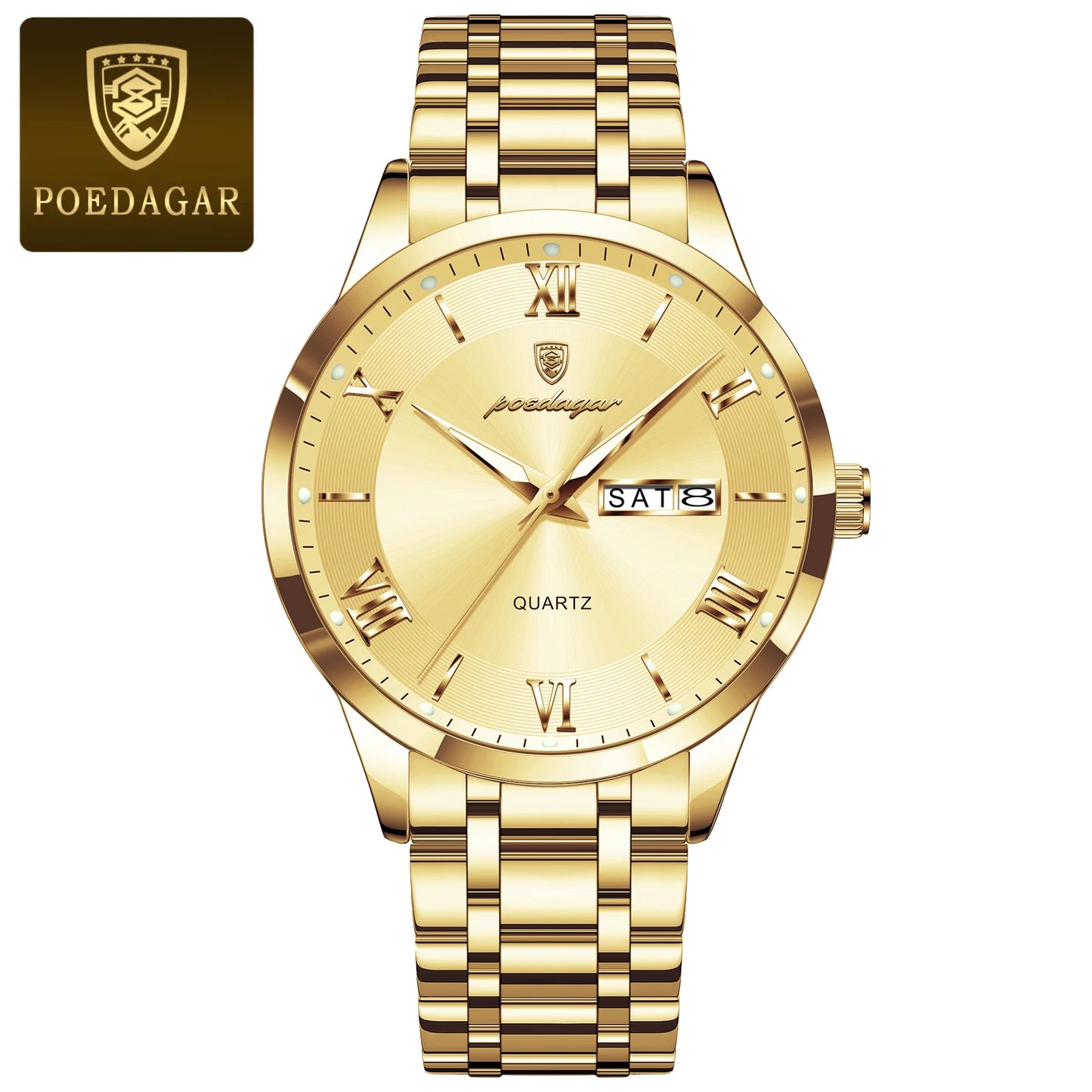 POEDAGAR Luxury Fashion Men Clock Waterproof Luminous Week Date Sports Man Wristwatch Stainless Steel Men's Quartz Watches Reloj