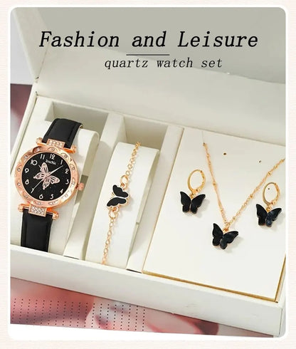 Women Luxury Watch Ring Necklace Earrings Rhinestone Butterfly Fashion Wristwatch Female Casual Ladies Watches Set Clock