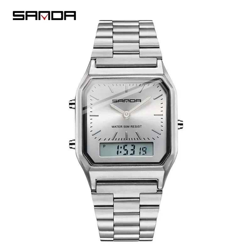 SANDA Luxury Mens G Style Watches Stainless Steel Women LED Digital Dual Display Clock Unisex Waterproof Sports Quartz Watch