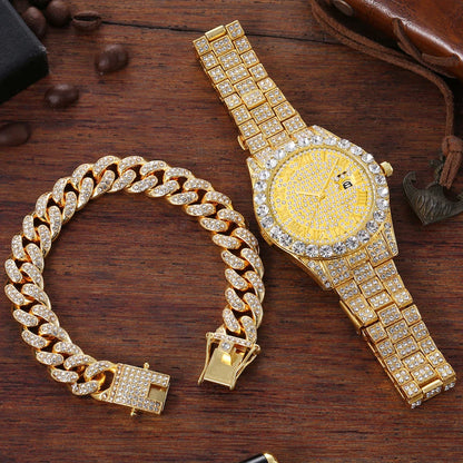 2pcs/set Rhinestone Large Dial Steel Strap Quartz Zinc Alloy Watch And Cuban Link Style Bracelet Set(1 Watch+1 Bracelet)