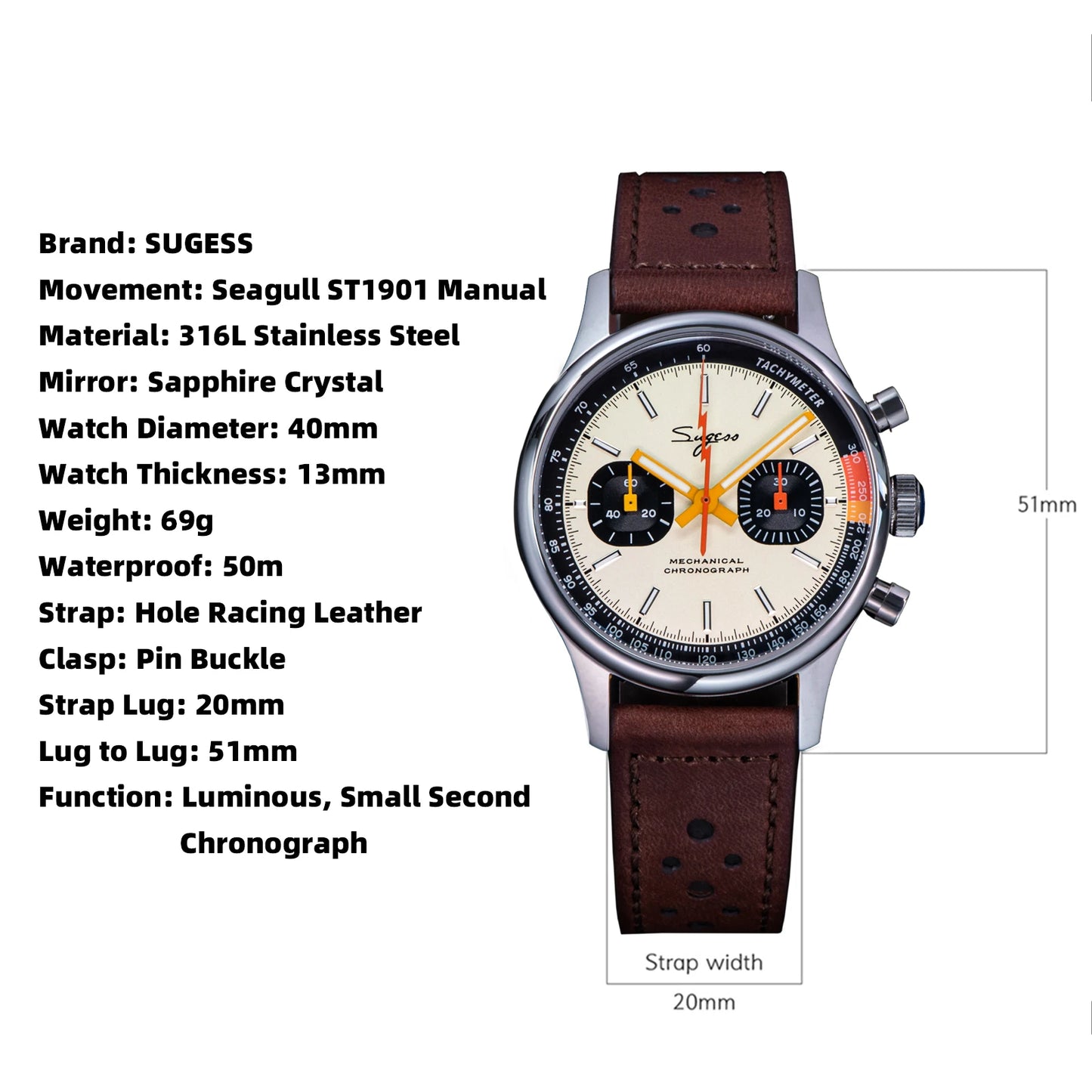 Sugess Watch of Men Chronograph Mechanical Wristwatches Tianjin ST19 Swanneck Movement Pilot Mens Watch Sapphire Crystal Gift V2