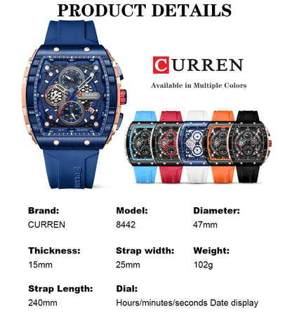 CURREN Top Brand Men's Watches Luxury Square Quartz Wristwatch  Waterproof Luminous Chronograph Watch for Men Date Clock