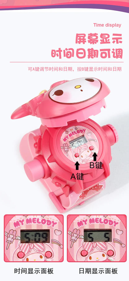 Kawaii 3D Projection Digital Watch Kawaii Hello Kitty Kuromi Cinnamoroll Anime Action Figure Toy Watch Flip Popular Kids  Toys