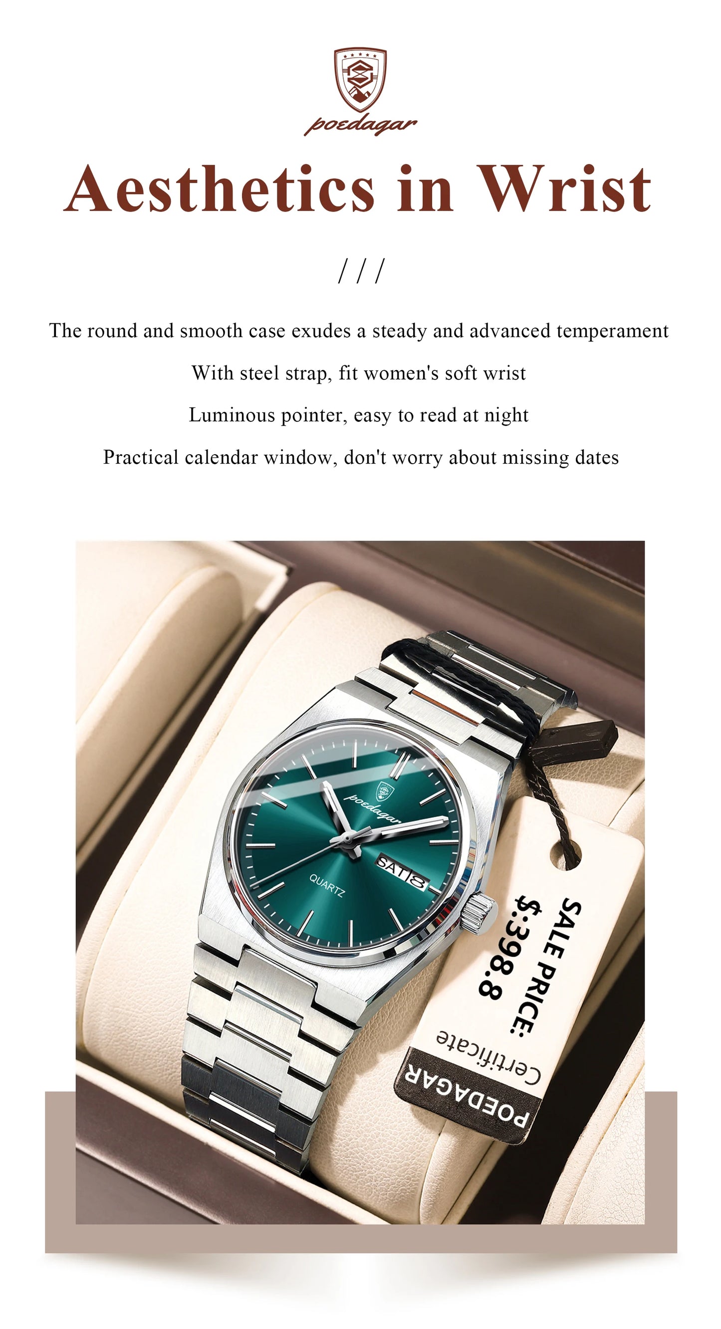 POEDAGAR Luxury Watch for Woman Ladies Elegant Quartz Watch Waterproof Luminous Date Week Stainless Steel Women's Watches Clock