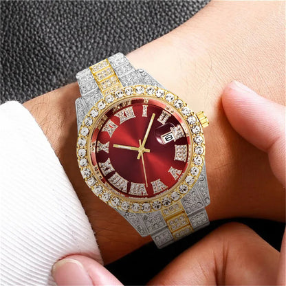 Luxury Men Watch Classic Golden Men Steel Strap Roman Rhinestone Calendar Quartz Watch Fashion Male Wristwatch Relogio Masculino