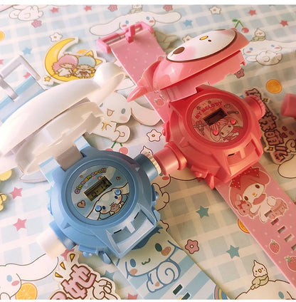 Kawaii 3D Projection Digital Watch Kawaii Hello Kitty Kuromi Cinnamoroll Anime Action Figure Toy Watch Flip Popular Kids  Toys