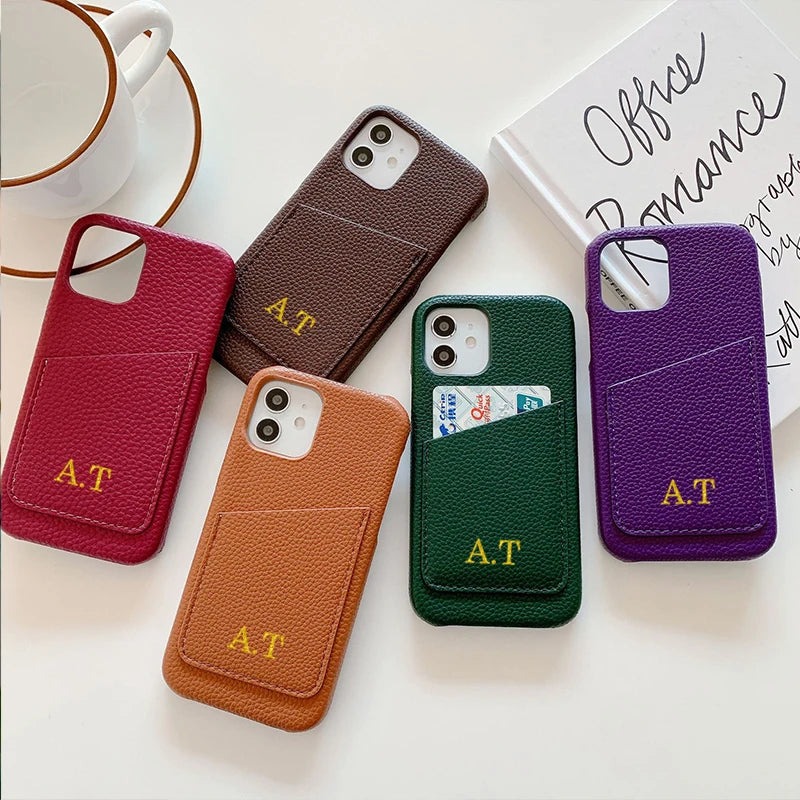 Personalized Phone Case with Card Holder Custom Initials Protective Cover iPhone16Promax 15 14 13 12 11Pro Max XS XR 16 15Plus