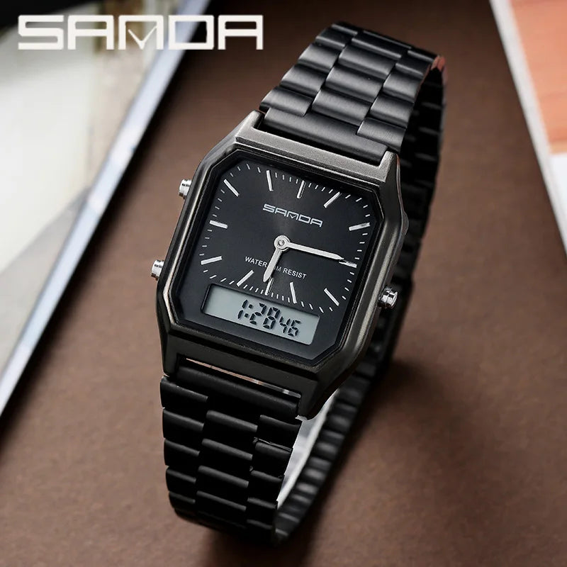 SANDA Luxury Mens G style Watches Stainless Steel Women LED Digital Dual Display Clock Unisex Waterproof Sports Quartz Watch 747