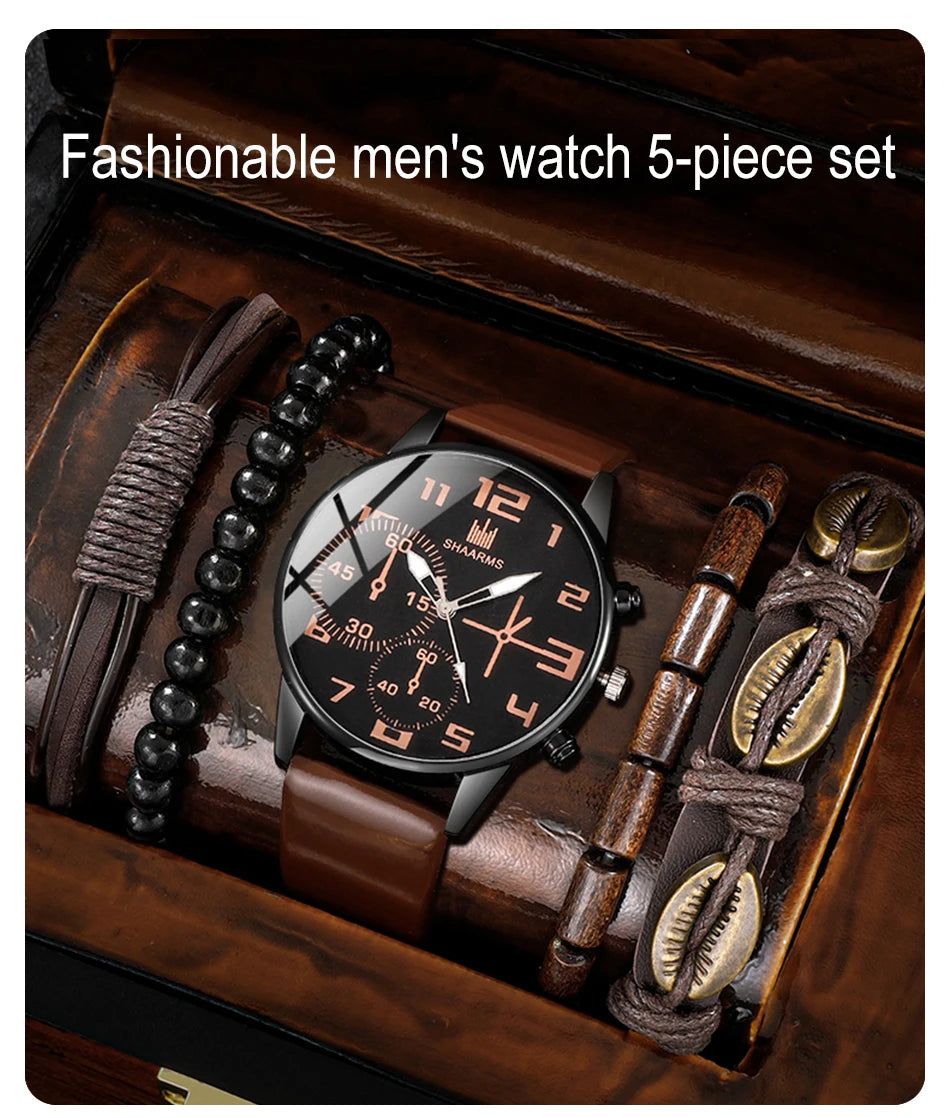 5PCS Set Fashion Mens Sports Bracelet Watches For Men Retro Big Dial Quartz Wrist Watch Classic Male Casual Brown Leather Watch