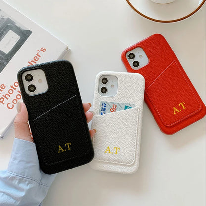 Personalized Phone Case with Card Holder Custom Initials Protective Cover iPhone16Promax 15 14 13 12 11Pro Max XS XR 16 15Plus