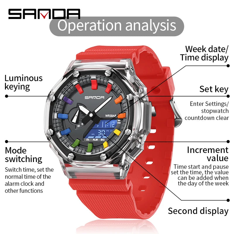 SANDA G Style Electronic Watch Multifunctional Fashionable LED Digital Watch Military Alarm Clock Shock Quartz Watch Relogios