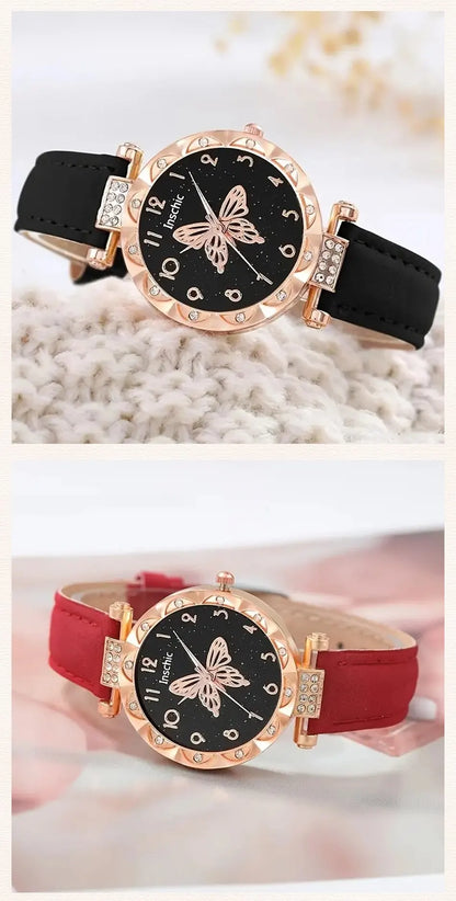 Women Luxury Watch Ring Necklace Earrings Rhinestone Butterfly Fashion Wristwatch Female Casual Ladies Watches Set Clock