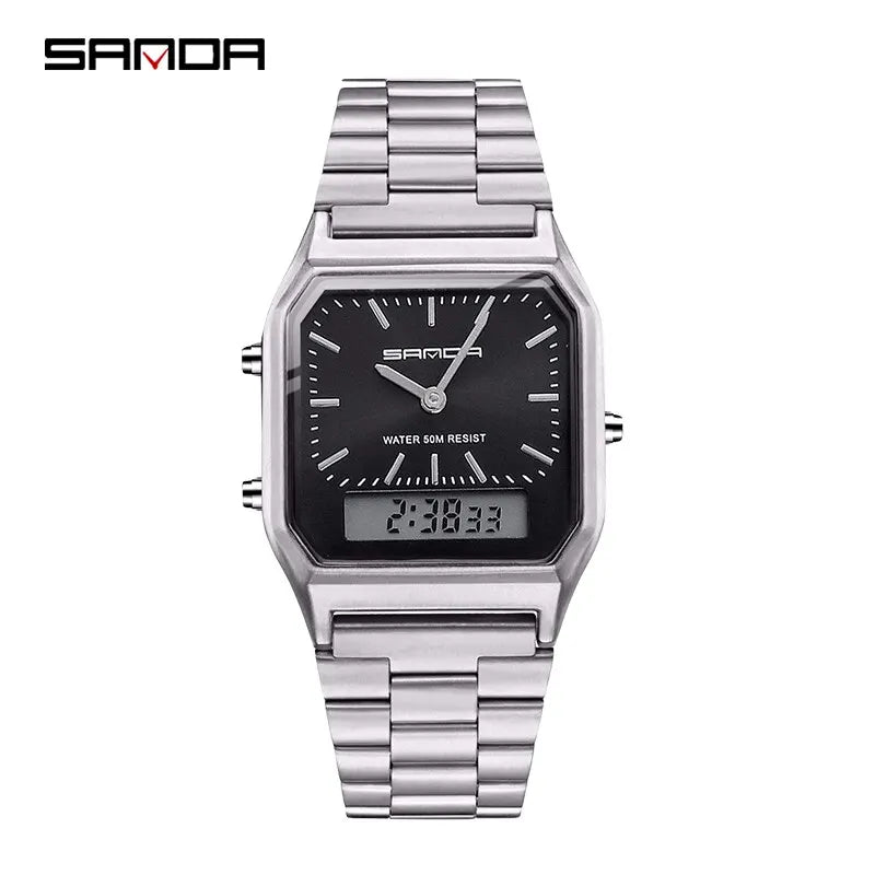 SANDA Luxury Mens G Style Watches Stainless Steel Women LED Digital Dual Display Clock Unisex Waterproof Sports Quartz Watch