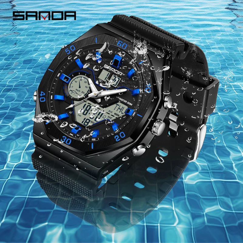 SANDA G Style Digital Men Watches Dual Display Three Time Waterproof Shock Sports Watch Military Countdown Male LED Quartz Clock