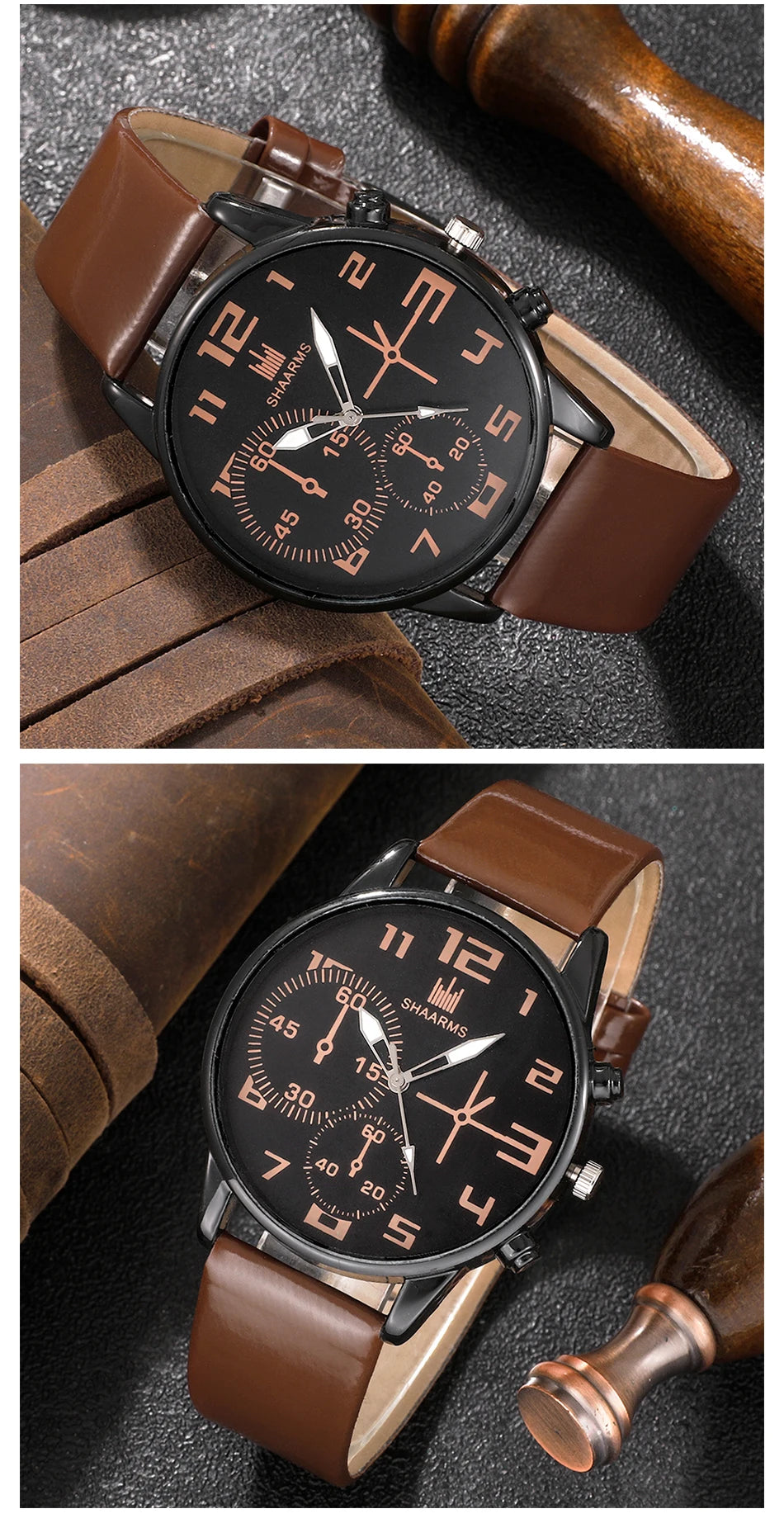 5PCS Set Fashion Mens Sports Bracelet Watches For Men Retro Big Dial Quartz Wrist Watch Classic Male Casual Brown Leather Watch