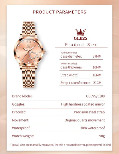 OLEVS Japan Quartz Women Watch Stainless steel Bracelet "Love" Dial Fashion Elegant Waterproof Luminous Quartz Watch for Ladies