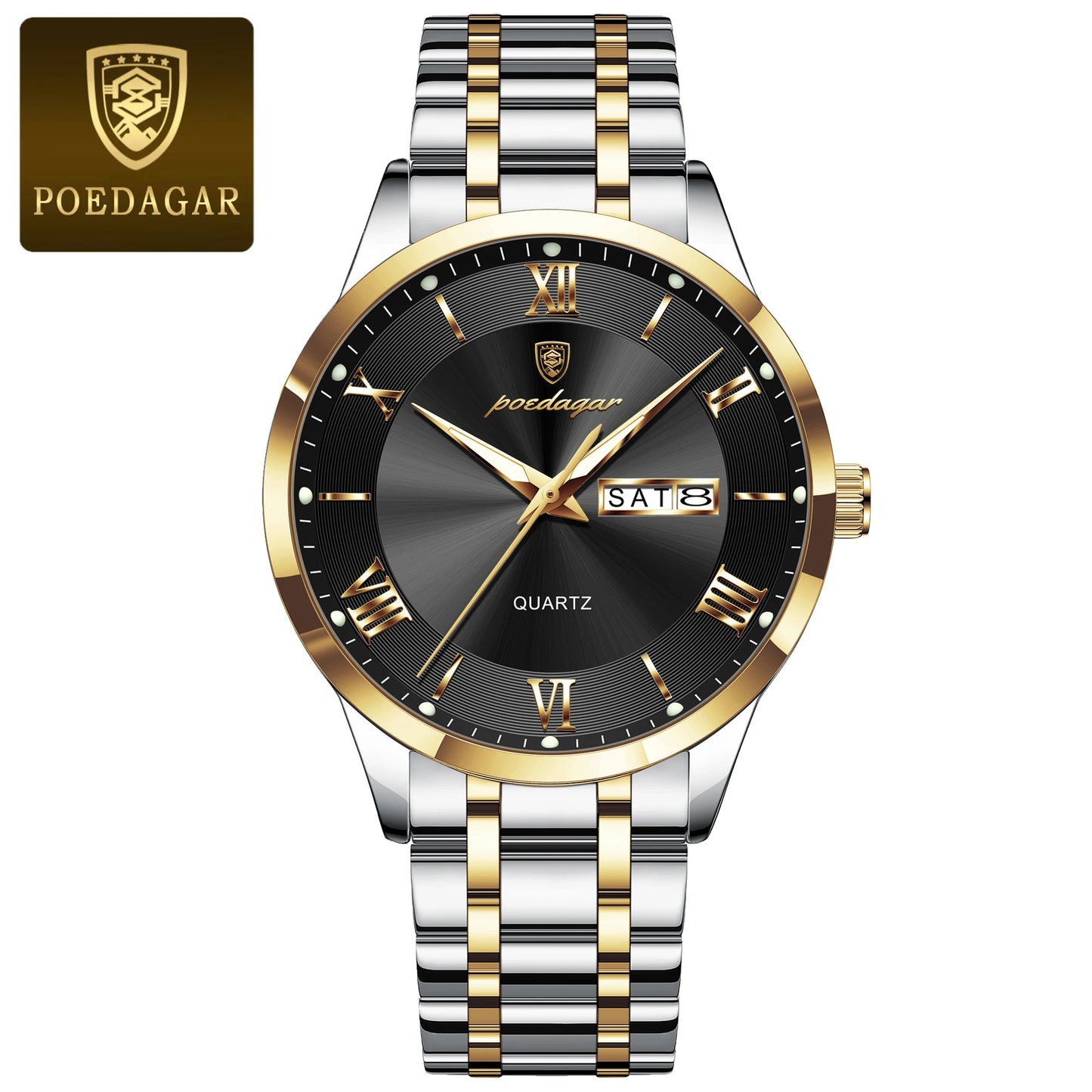 POEDAGAR Luxury Fashion Men Clock Waterproof Luminous Week Date Sports Man Wristwatch Stainless Steel Men's Quartz Watches Reloj