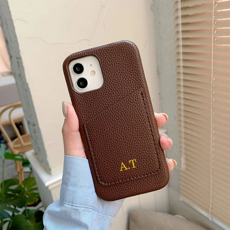 Personalized Phone Case with Card Holder Custom Initials Protective Cover iPhone16Promax 15 14 13 12 11Pro Max XS XR 16 15Plus