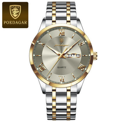 POEDAGAR Luxury Fashion Men Clock Waterproof Luminous Week Date Sports Man Wristwatch Stainless Steel Men's Quartz Watches Reloj