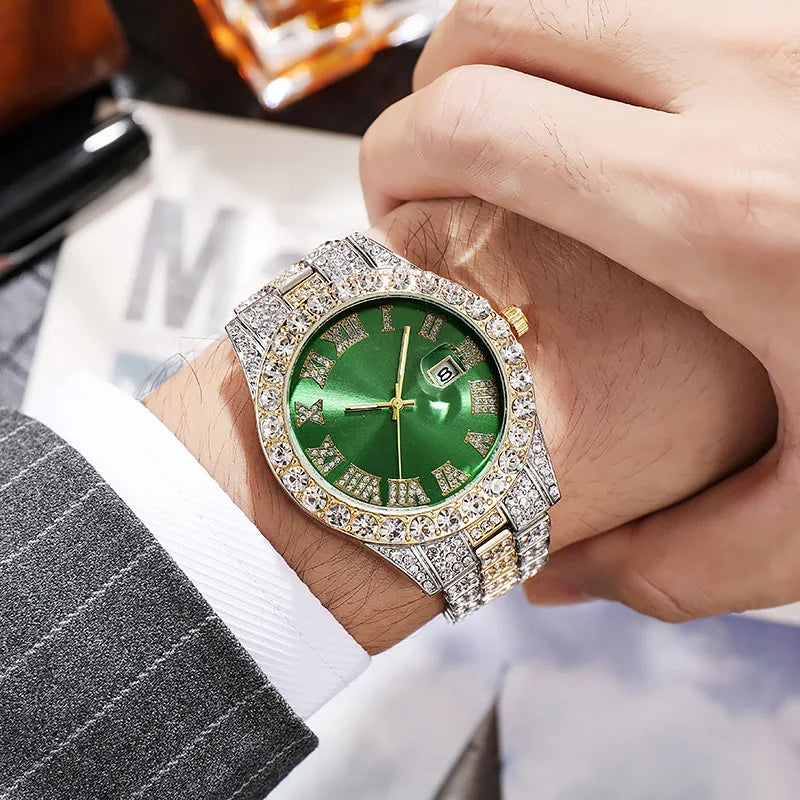 Luxury Men Watch Classic Golden Men Steel Strap Roman Rhinestone Calendar Quartz Watch Fashion Male Wristwatch Relogio Masculino