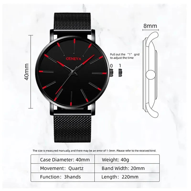 5pcs Luxury Black Stainless Steel Mesh Belt Quartz Watch With Bracelet For Men Casual Fashion Round Watch In Daily Sport Watches